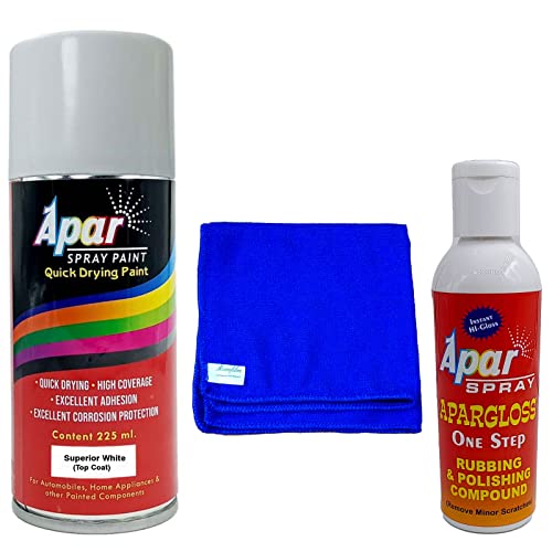 APAR Automotive Spray Paint Superior White (RC Colour Name) One step rubbing and polishing compound(100 gms),microfiber cloth Blue (350gsm), Compatible For Maruti Suzuki Cars 225ml