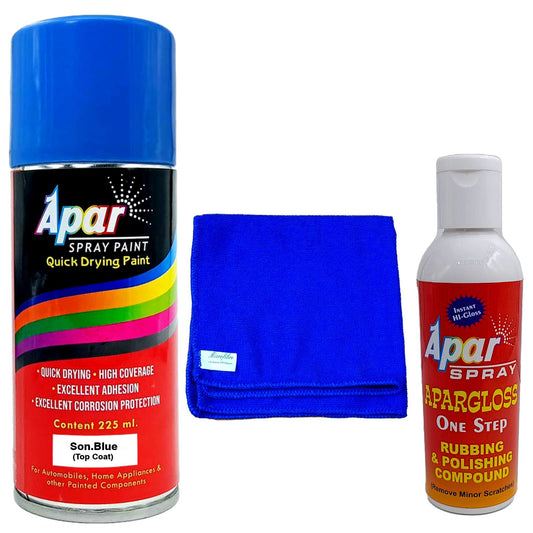 APAR Automotive Spray Paint Son. Blue - 225ml, One step rubbing and polishing compound(100 gms), microfiber cloth Blue (350 gsm), Compatible For Sonalika Tractor