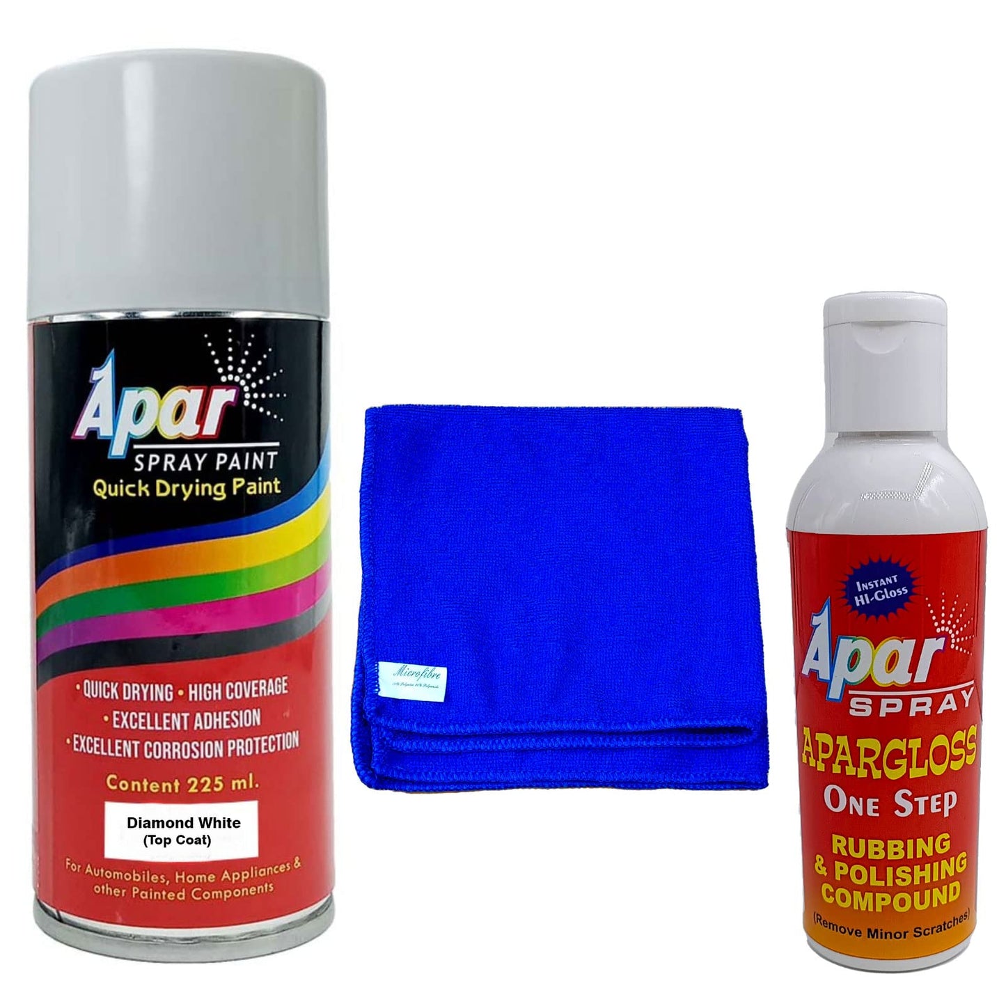 APAR Automotive Spray Paint Diamond White - 225ml, One step rubbing and polishing compound(100 gms), microfiber cloth Blue (350 gsm), Compatible For Mahindra cars.