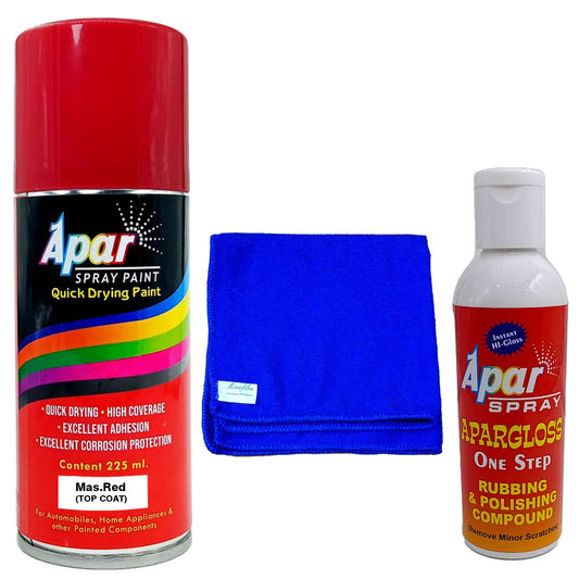 APAR Automotive Spray Paint Mas. Red - 225ml, One step rubbing and polishing compound(100 gms),microfiber cloth Blue (350 gsm), Compatible For Massey Tractor.