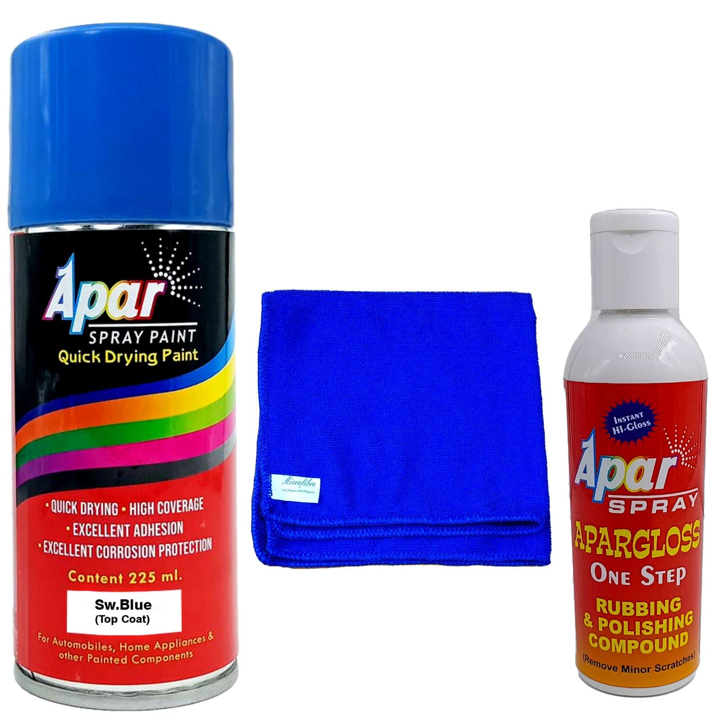 APAR Automotive Spray Paint Sw. Blue - 225ml, One step rubbing and polishing compound(100 gms), microfiber cloth Blue(350 gsm), Compatible For Tractor