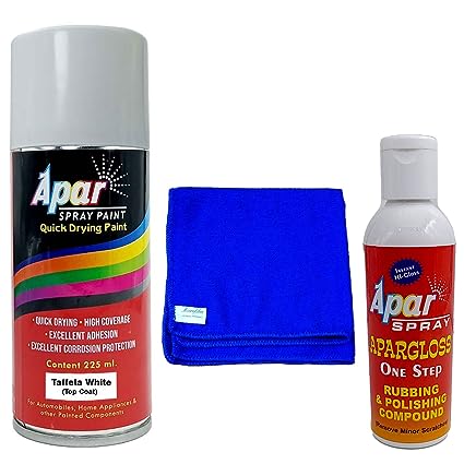 APAR Spray Paint Taffeta White (RC Colour Name) -225ml, Rubbing and polishing compound(100 gms), microfiber cloth Blue (350 gsm), Compatible For Honda Cars