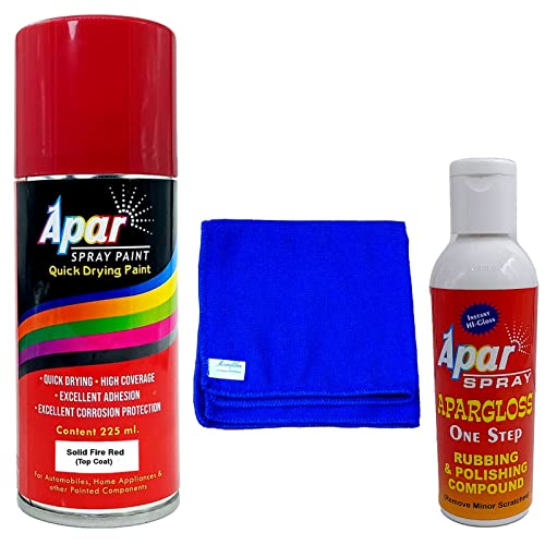 APAR Automotive Spray Paint Solid Fire Red (RC Colour Name)- 225ml, Rubbing and Polishing Compound(100 gms), microfiber Blue cloth(350 gsm),For Maruti Suzuki Cars