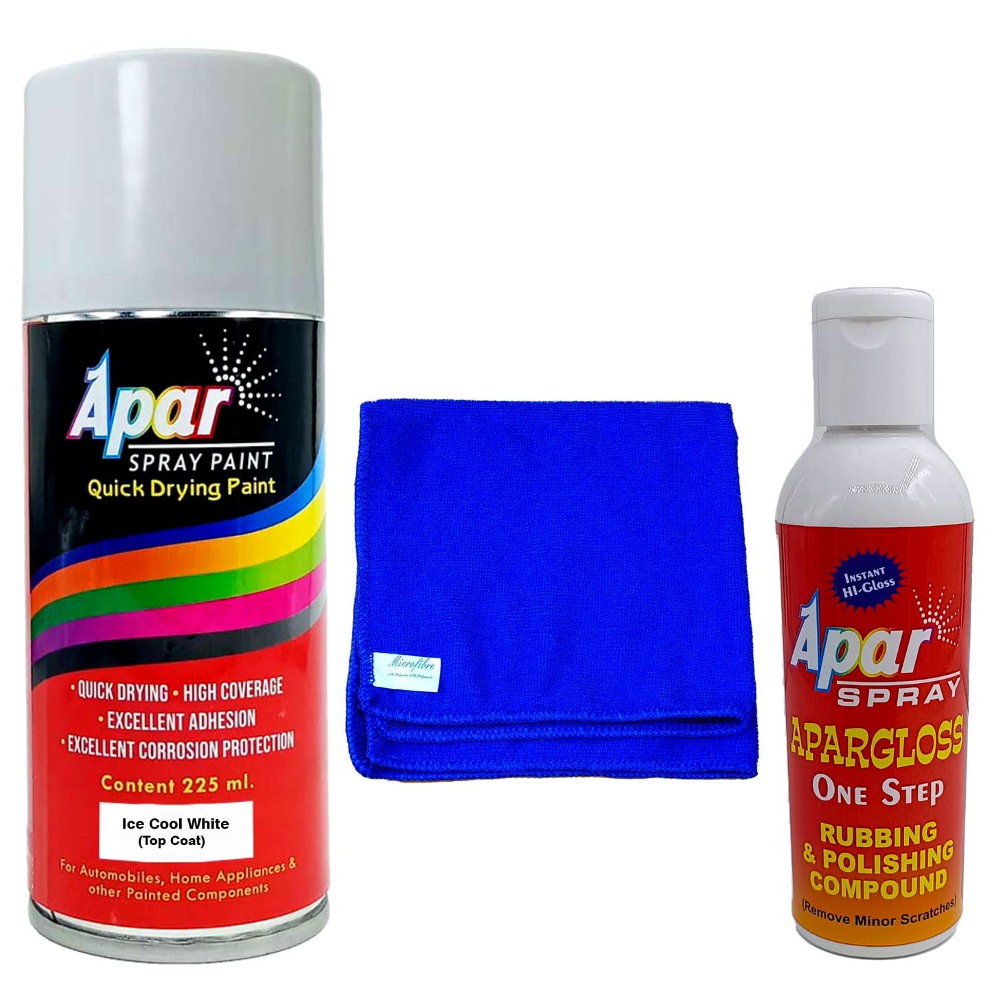 APAR Spray Paint Ice Cool White (RC Colour Name), Rubbing and polishing compound(100 gms), microfiber cloth Blue (350 gsm), For Renault Cars -225ml