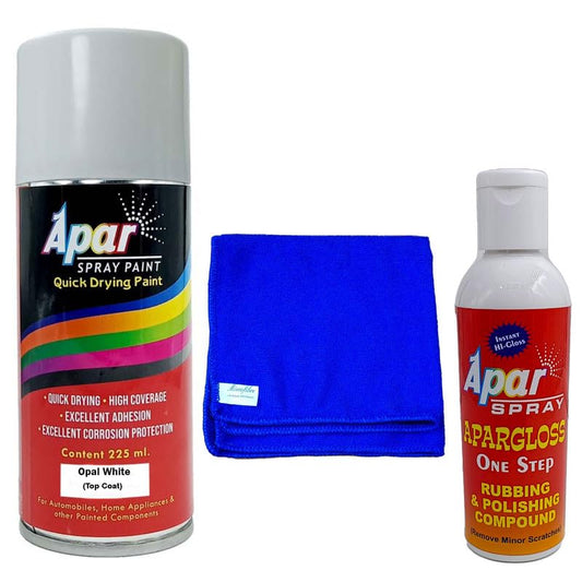 APAR Spray Paint OPAL WHITE (RC Colour Name) - 225ml, One step rubbing and polishing compound(100 gms), microfiber cloth(350 gsm), Compatible For Tata Tiago and Tigor.