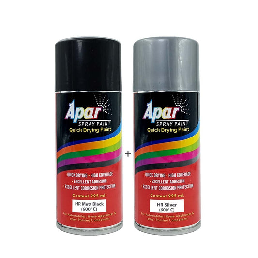 APAR Spray Paint Heat Resistance 600°C (MATT BLACK-225 ml, and SILVER -225 ml),Pack of 2-Pcs, For High Heat Surface Like silencer, boiler,chimneys etc.