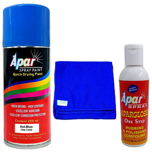 APAR Automotive Spray Paint Hol. Blue - 225ml, One step rubbing and polishing compound(100 gms), microfiber cloth Blue (350 gsm), Compatible For Tractor.