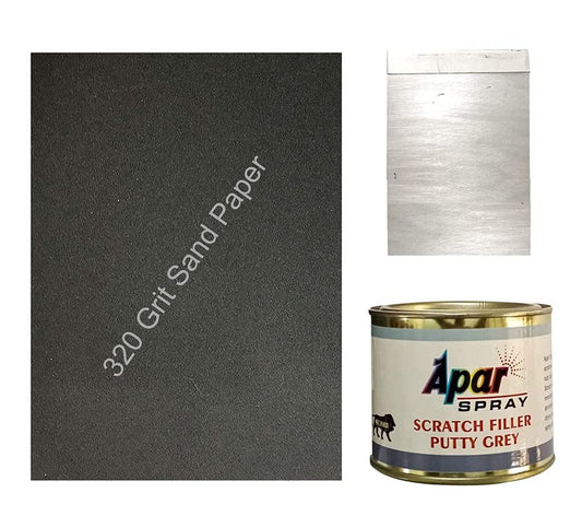 APAR Scratch filler putty Grey 200 gms 1 putty knife and 320 Grit sandpaper to Fill scratches and dent on car bike