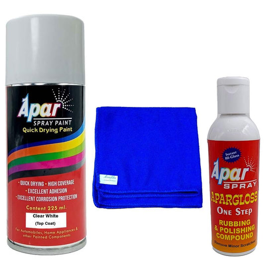 APAR Spray Paint CLEAR WHITE (RC Colour Name) - 225ml, One step rubbing and polishing compound(100 gms), microfiber cloth(350 gsm), Compatible For Kia Seltos, Sonet and Carens.