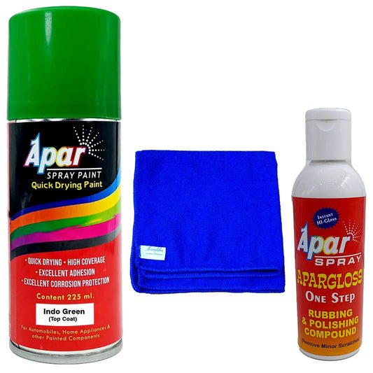 APAR Automotive Spray Paint Indo. Green - 225ml, One step rubbing and polishing compound(100 gms), microfiber cloth Blue (350 gsm), Compatible For Tractor