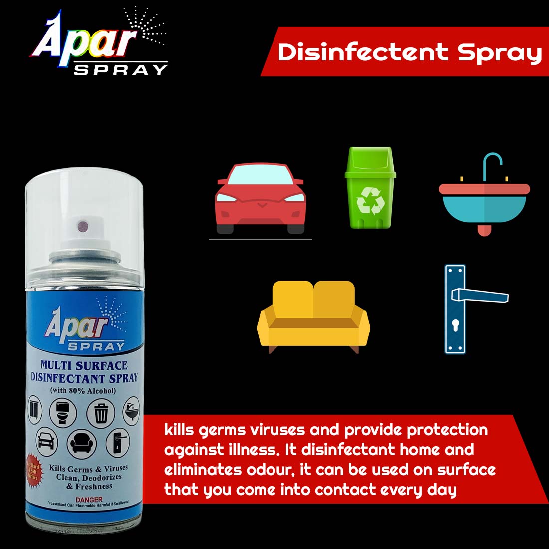 Apar Spray Multi Surface Disinfectant - 200 ml (Pack of 2 Pcs), For Hard and Soft surface cleaner