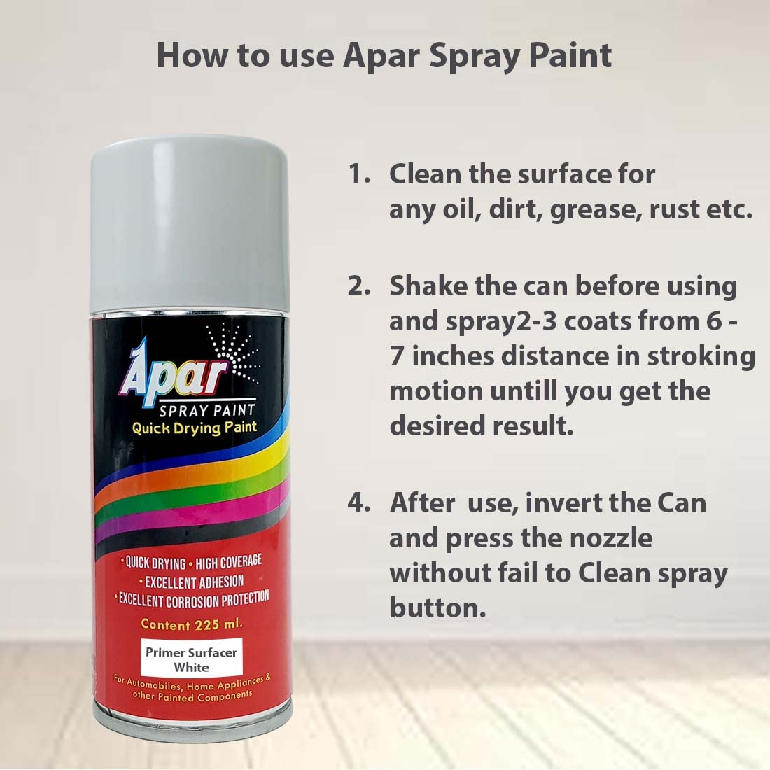 APAR Spray paint Primer Surfacer White -225 ml, For Car, Bike,Scooty, Cycle, Wood, Plastics and Metal Items, Furnitures and industrial parts