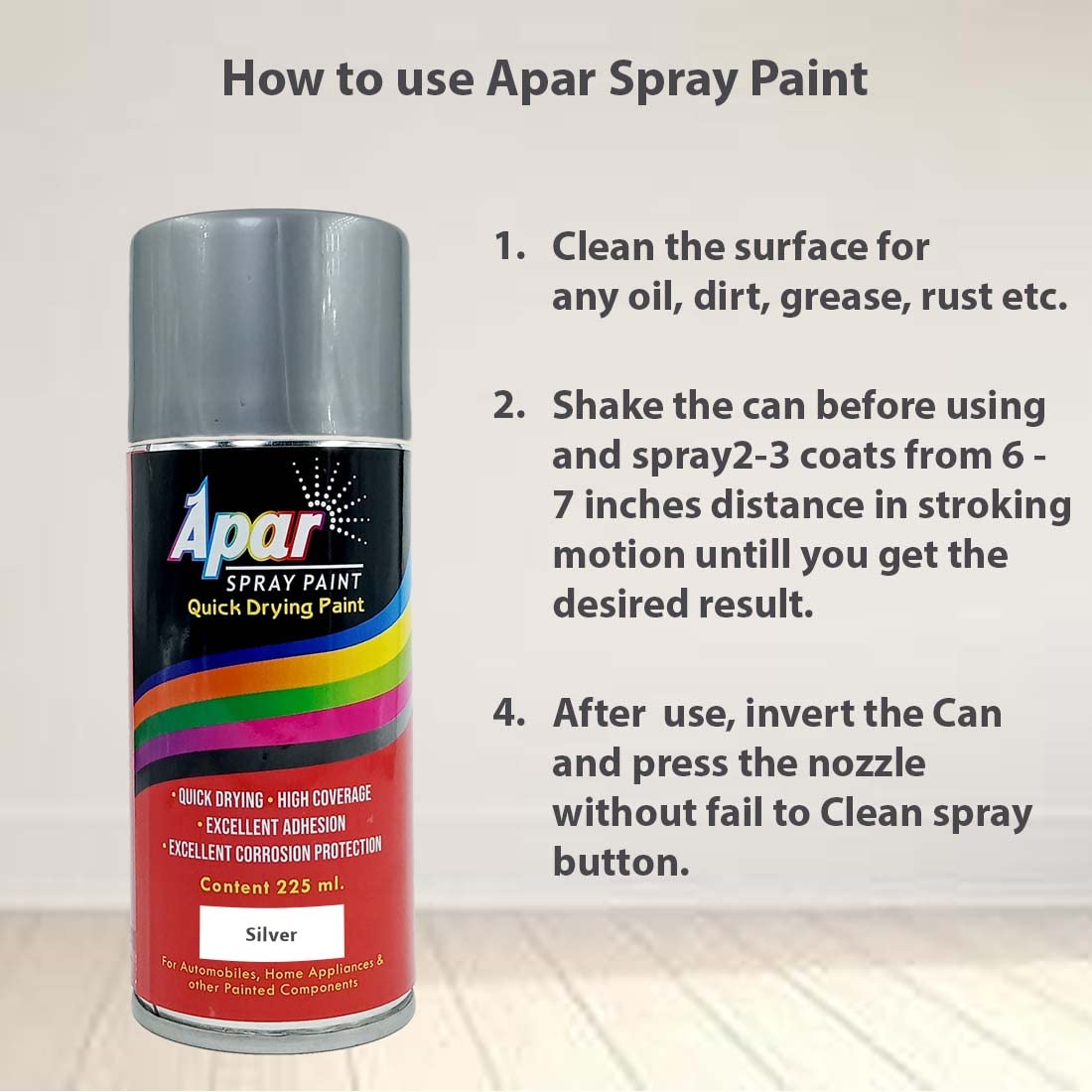 APAR Spray Paint Can SILVER-225 ml (Pack of 1), For Bike, Cars, Furnitures, art and craft Paint work