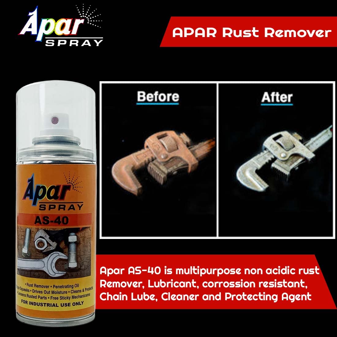 Apar Spray AS-40 Rust Remover and Penetrating Oil - 150 ml (Pack of 2-Pcs), //Maintenance Lubricant, rust and stain remover.