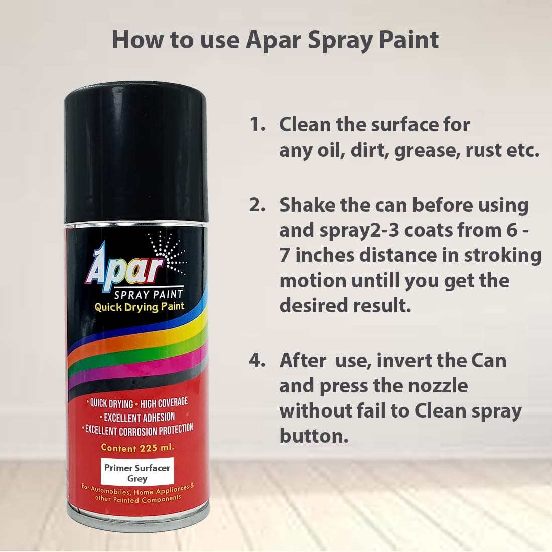 APAR Spray paint Primer Surfacer Grey -225 ml, For Car, Bike,Scooty, Cycle, Wood, Plastics and Metal Items, Furnitures and industrial parts