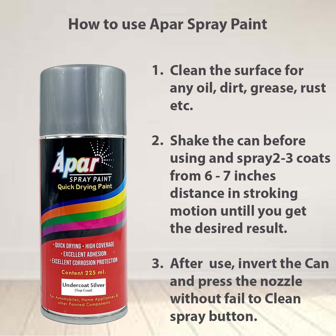 APAR Spray Paint Can UNDERCOAT SILVER-225 ML(Pack of 1-pcs), For Bicycle, Bike, Cars, Home, Wood, Metal, Furnitures, Art and craft Painting