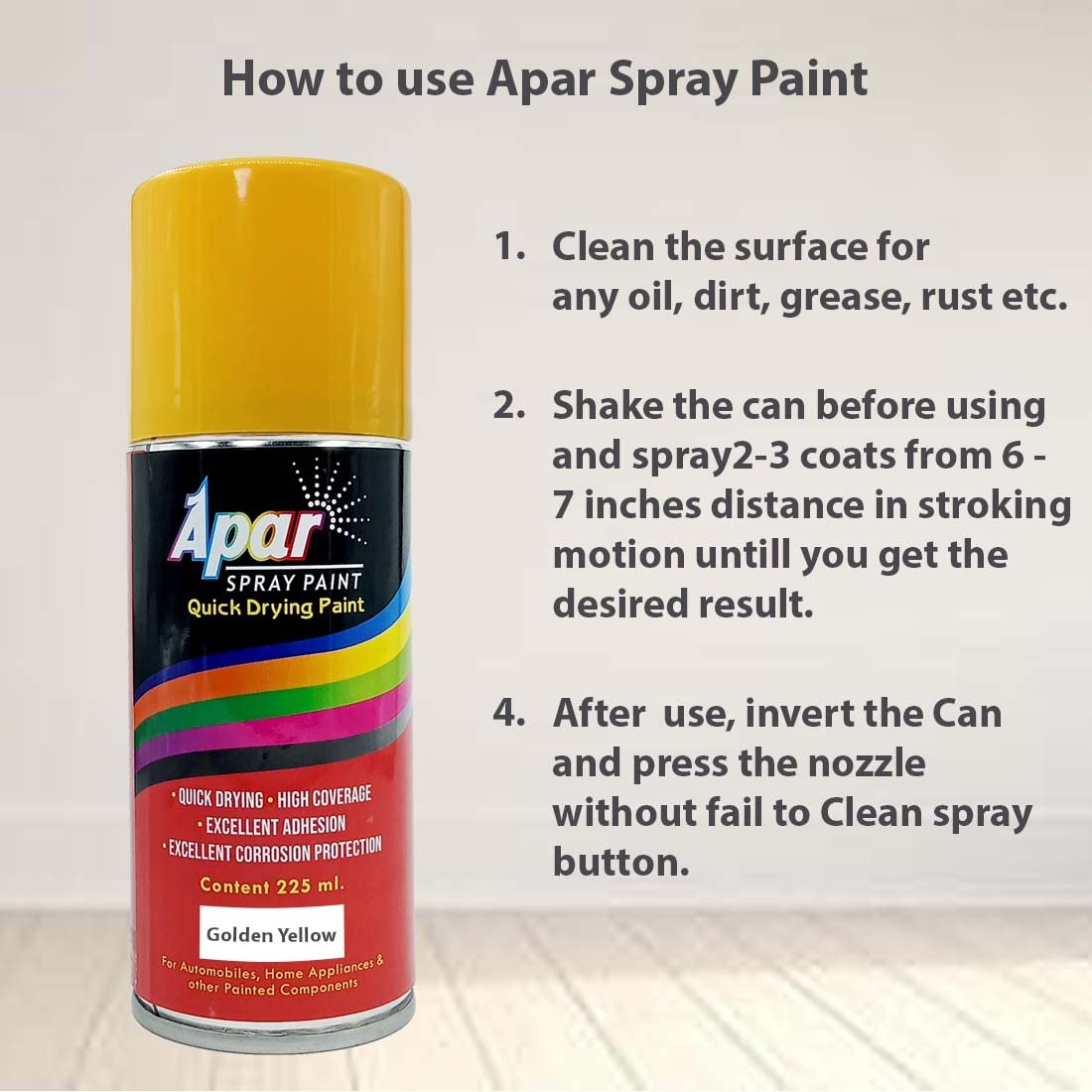 APAR Spray Paint Can GOLDEN YELLOW-225 ml (Pack of 1), For Bike, Cars, Furnitures, art and craft Paint work