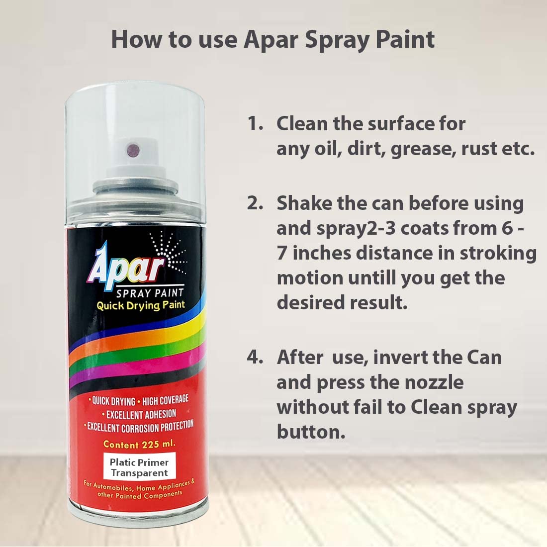 APAR Spray Paint PLASTIC PRIMER Transperent-225 ml, To promote Adhesion on multiplastic surfaces Like helmet, bumper, acrylic & fiber parts (Pack of 1)