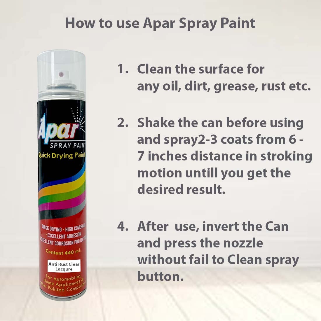 APAR Spray Paint Can GLOSS CLEAR -440 ml, For Bike, Cars, Furnitures, art and craft Paint work