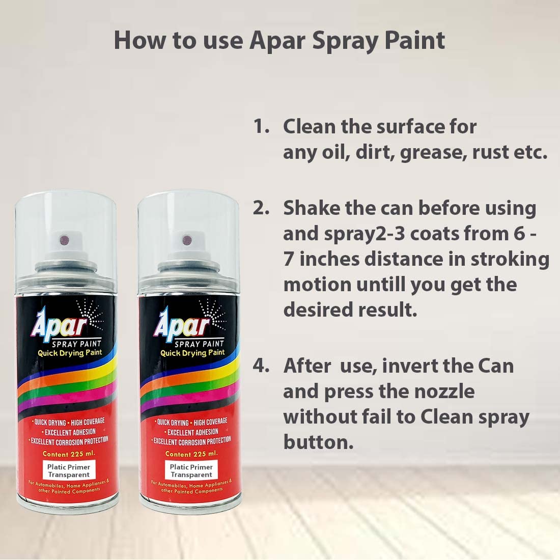 APAR Spray Paint Plastic Primer Transperent To promote Adhesion on multiplastic surfaces Like helmet bumper and other automotive acrylic & fiber parts 225 ml Pack of 2