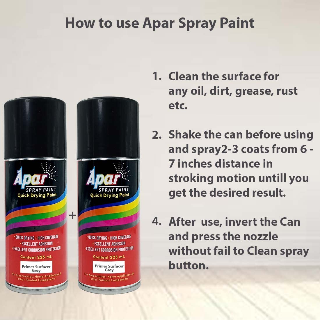 APAR Spray paint Primer Surfacer Grey -225 ml (Pack of 2-Pcs), For Car, Bike, Scooty, Cycle, Wood, Plastics and Metal Items, Furnitures and industrial parts