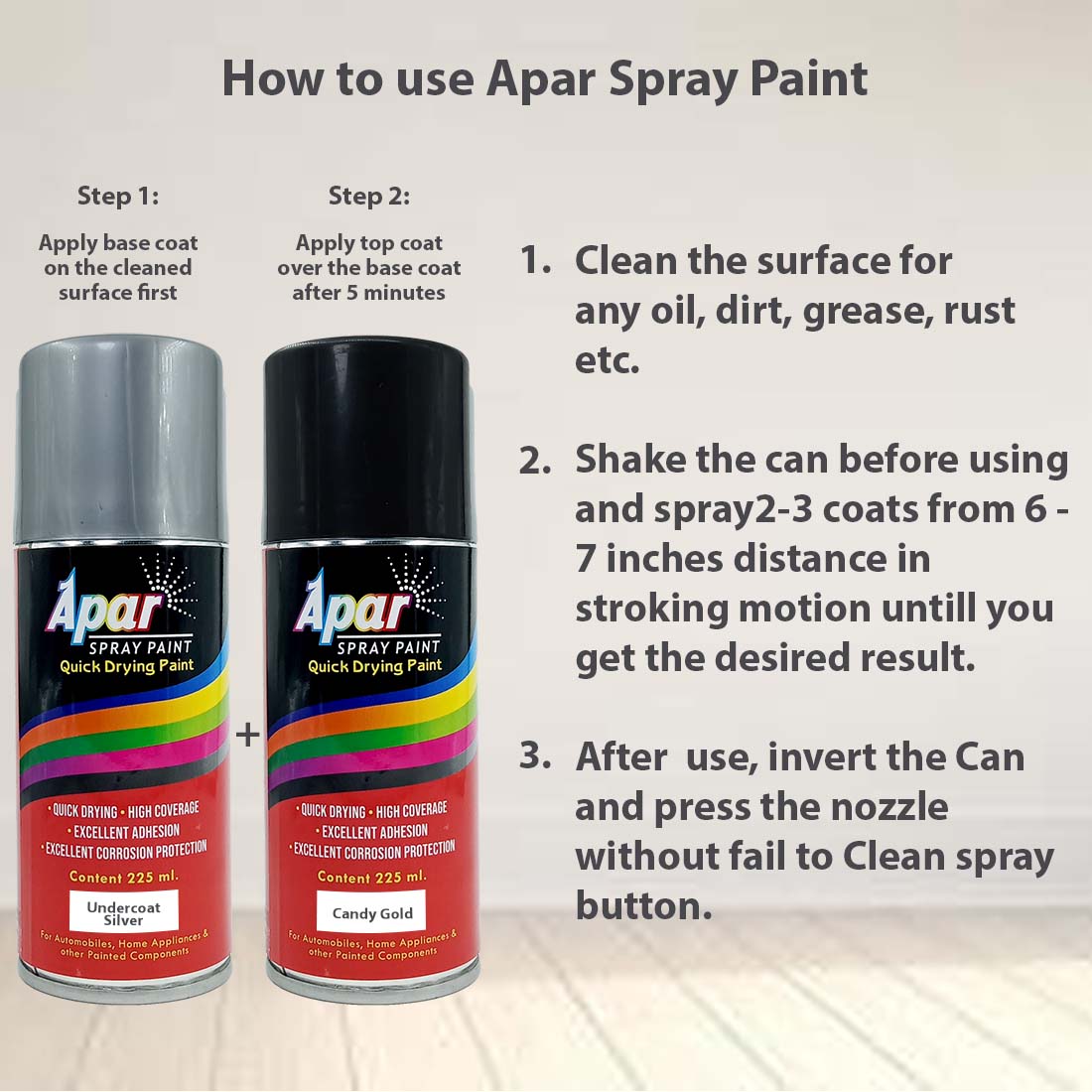 APAR Touch Up Spray Paint SILVER - 225 ml and CANDY GOLD - 225 ml Quick Dry Ready to Use Multipurpose Automotive Acrylic High Gloss Aerosol Spray Paint …