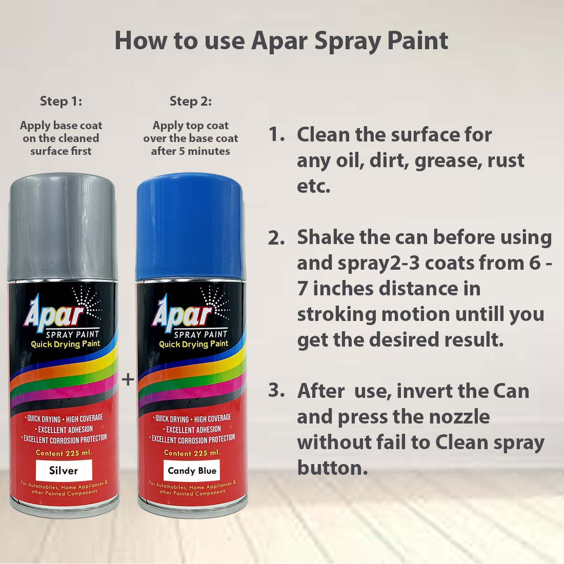 APAR Touch Up Spray Paint SILVER - 225 ml and CANDY  BLUE - 225 ml Quick Dry Ready to Use Multipurpose Automotive Acrylic High Gloss Aerosol Spray Paint …