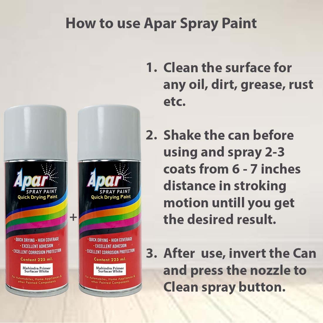 APAR Spray paint Primer Surfacer White -225 ml Pack of 2-Pcs, For Car, Bike, Scooty, Cycle, Wood, Plastics and Metal Items, Furnitures and industrial parts