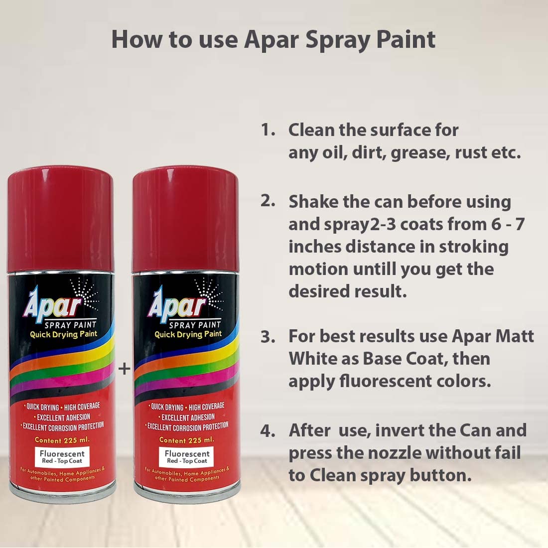 APAR Spray Paint Can FLUORESCENT RED-225 ML (Pack of 2-pcs), For Bicycle, Bike, Cars, Home, Wood, Metal, Furnitures, Art and craft Painting