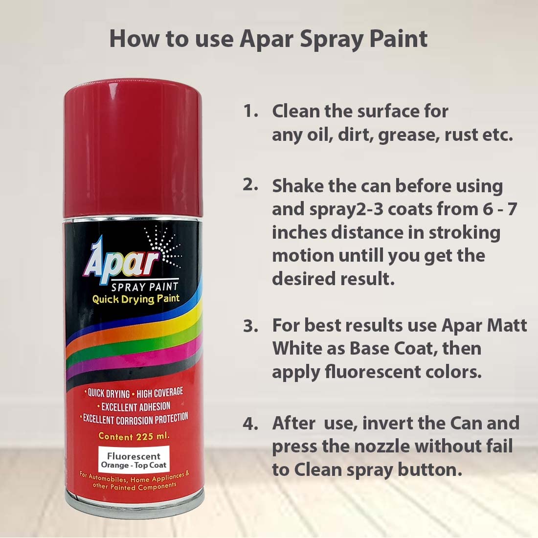 APAR Spray Paint Can FLUORESCENT ORANGE-225 ML (Pack of 1), For Bicycle, Bike, Cars, Home, Wood, Metal, Furnitures, Art and craft Painting