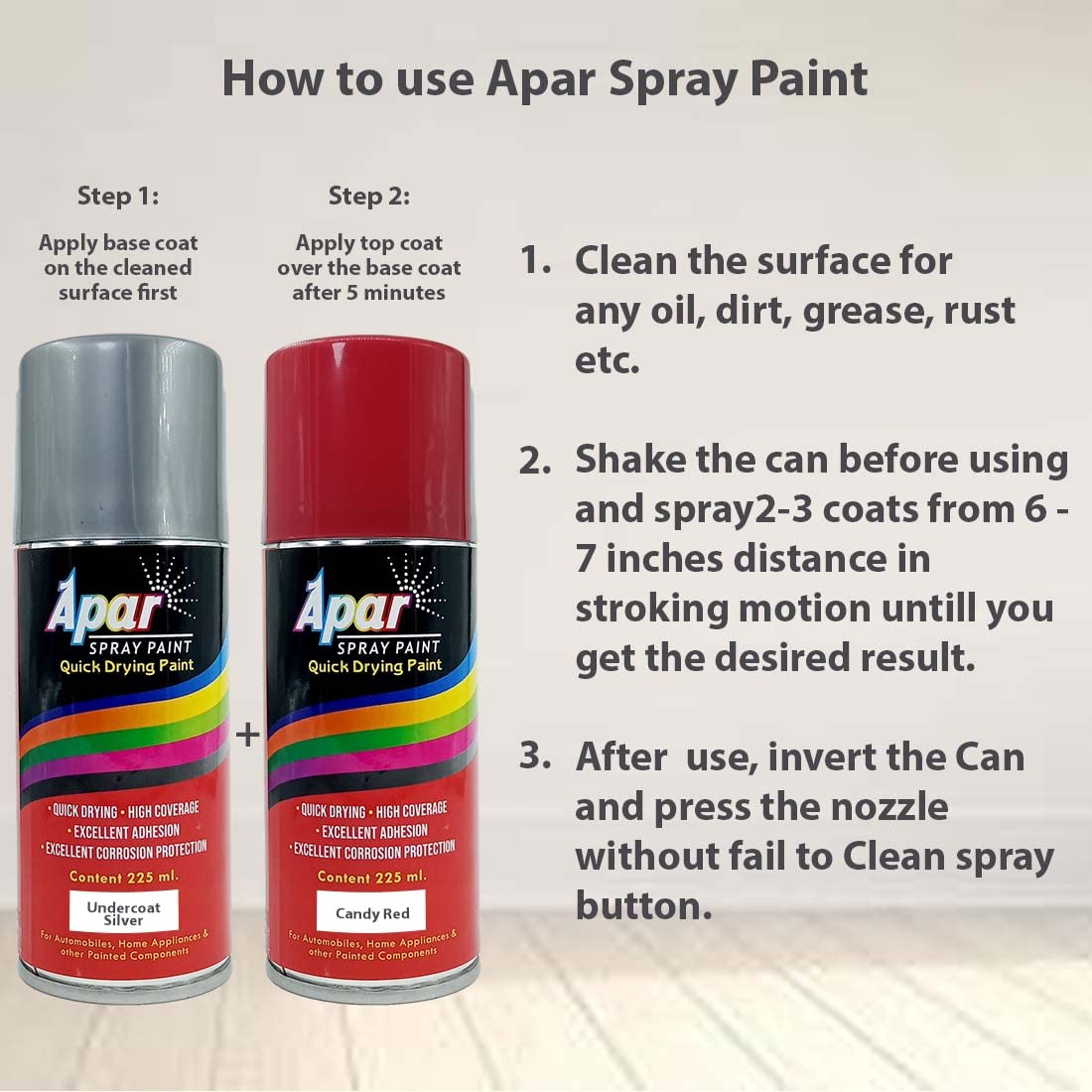 APAR Touch Up Spray Paint SILVER-225 ml and CANDY CHERRY RED - 225 ml, For Cars, Bikes, E-Rickshaw, Metal, wood, plastics parts