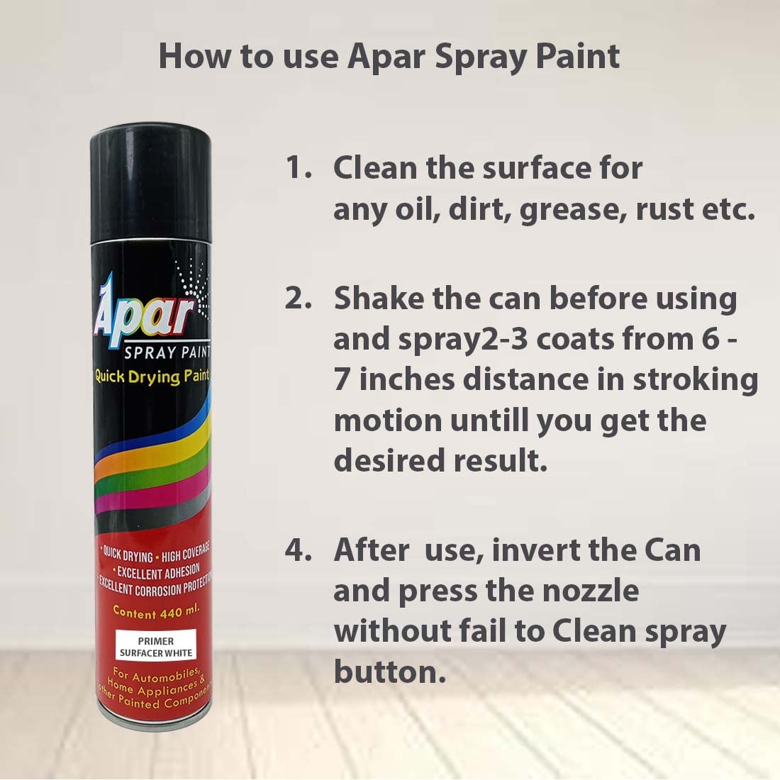 APAR Spray paint Primer Surfacer White -440 ml, For Car, Bike,Scooty, Cycle, Wood, Plastics and Metal Items, Furnitures and industrial parts