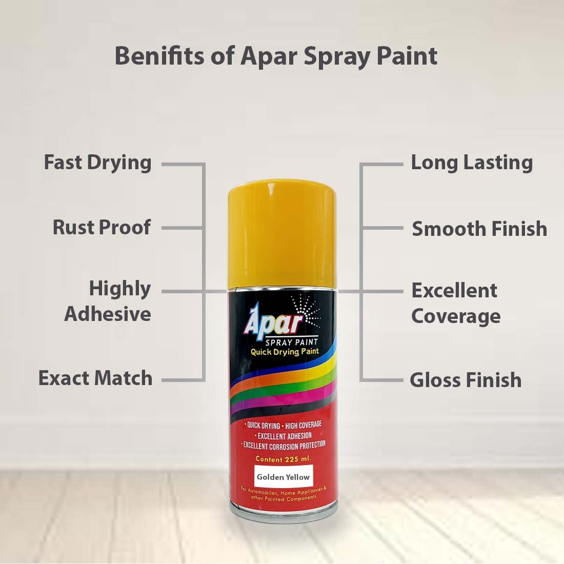 APAR Spray Paint Can GOLDEN YELLOW-225 ml (Pack of 1), For Bike, Cars, Furnitures, art and craft Paint work