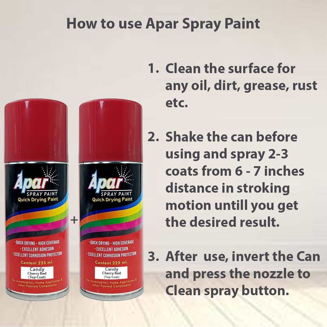 APAR Touch Up Spray Paint CANDY CHERRY RED - 225 ml (Pack of 2-pcs) For Tata-Flame Red, Hyundai-Fiery Red, Honda-Radiant red and Maruti Cars, Bikes and E-Rickshaw.