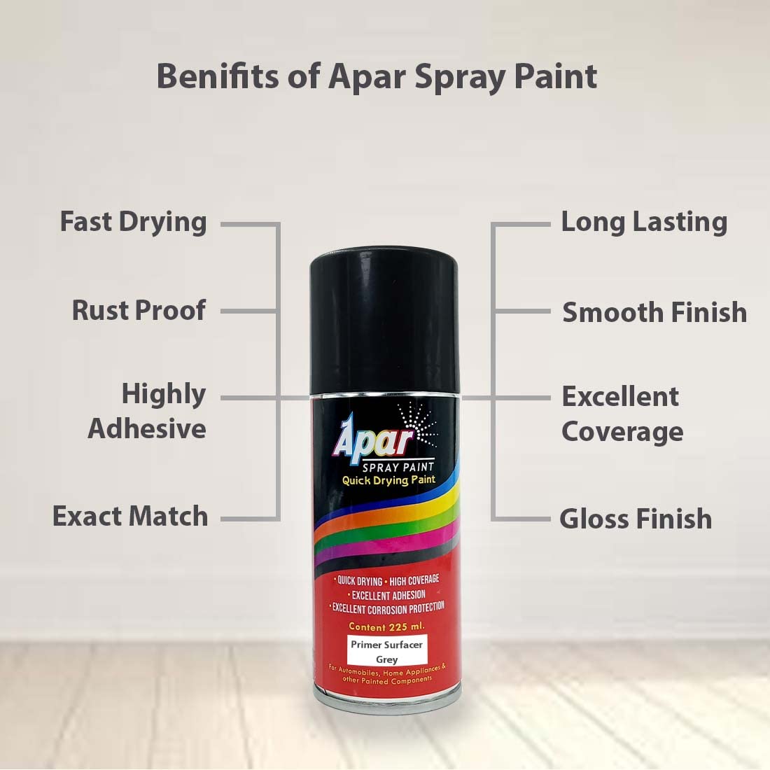 APAR Spray paint Primer Surfacer Grey -225 ml (Pack of 2-Pcs), For Car, Bike, Scooty, Cycle, Wood, Plastics and Metal Items, Furnitures and industrial parts