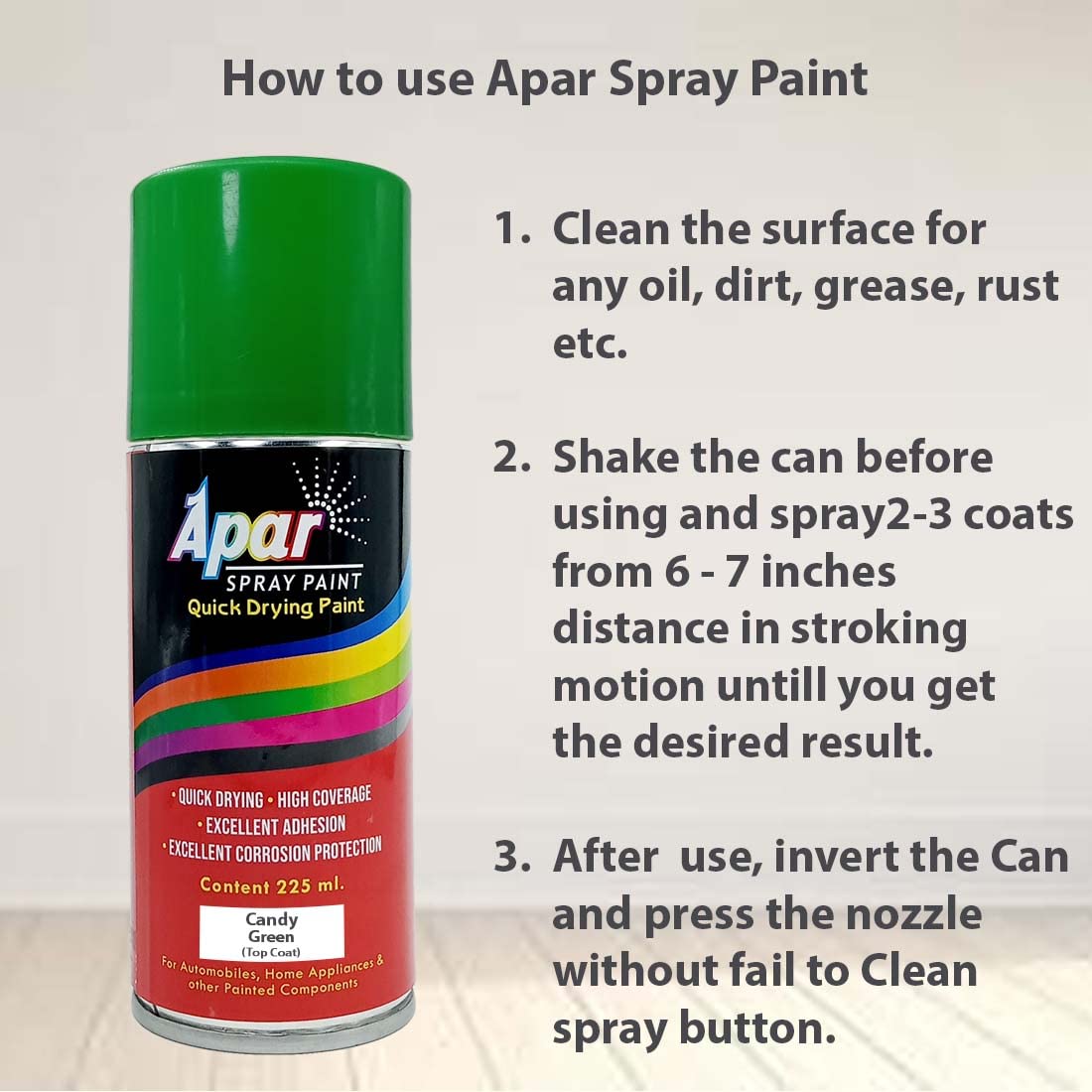 APAR Spray Paint Can CANDY GREEN-225 ML (Pack of 1-pcs), For Bicycle, Bike, Cars, Home, Wood, Metal, Furnitures, Art and craft Painting