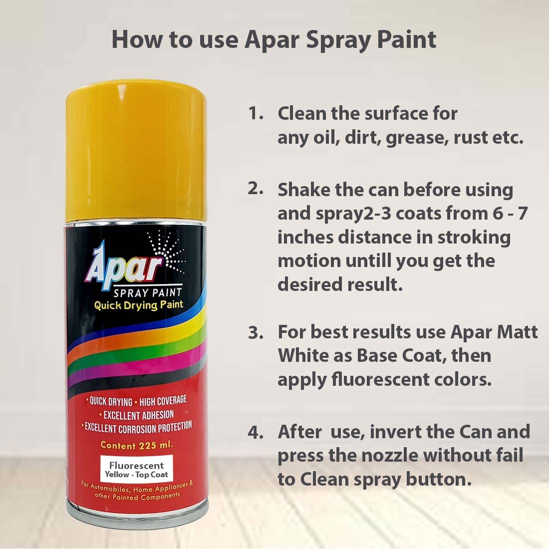 APAR Spray Paint Can FLUORESCENT YELLOW-225 ML (Pack of 1), For Bicycle, Bike, Cars, Home, Wood, Metal, Furnitures, Art and craft Painting