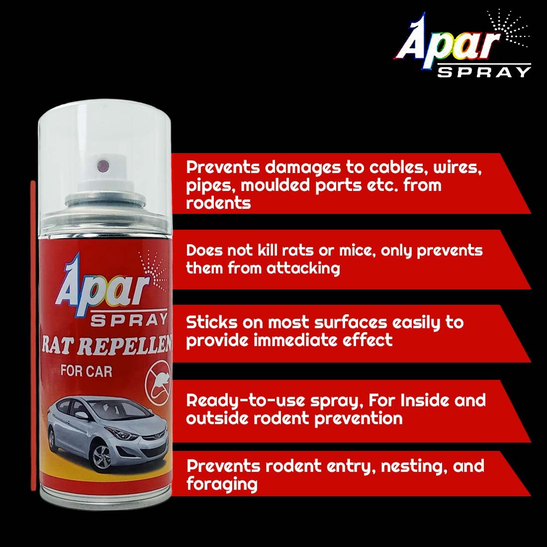 APAR Powerful Rat Repellent Spray for Cars -150ml (Pack of 1) | Odorless | Non Toxic | No Kill Only Repels | 60 Days Protection