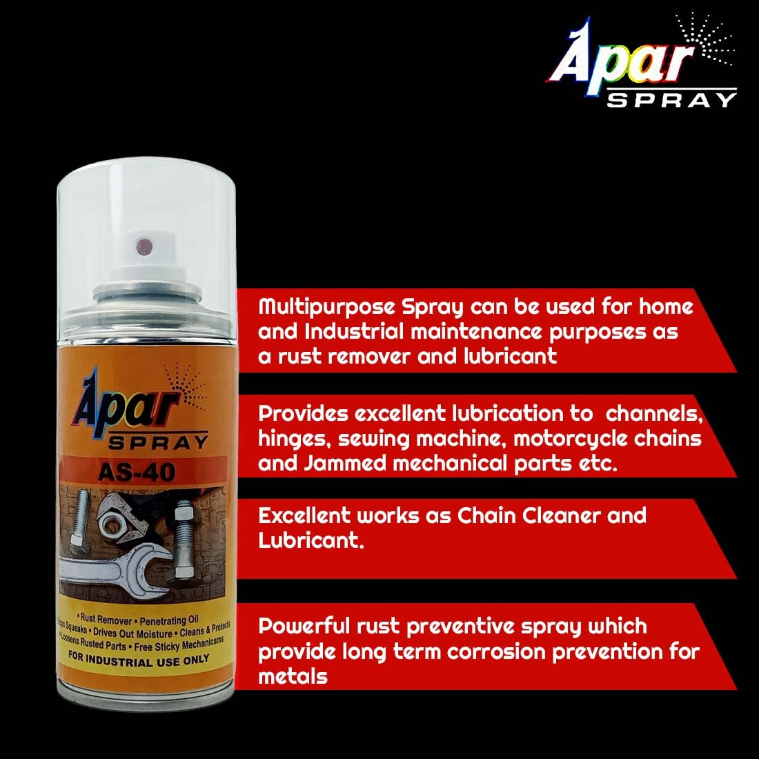 Apar Spray AS-40 Rust Remover and Penetrating Oil - 150 ml (Pack of 2-Pcs), //Maintenance Lubricant, rust and stain remover.