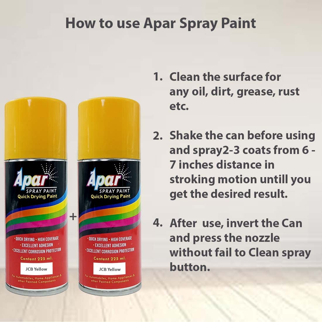 APAR Spray Paint Can JCB YELLOW-225 ml (Pack of 2-pcs), For Bike, Cars, Furnitures, art and craft Paint work