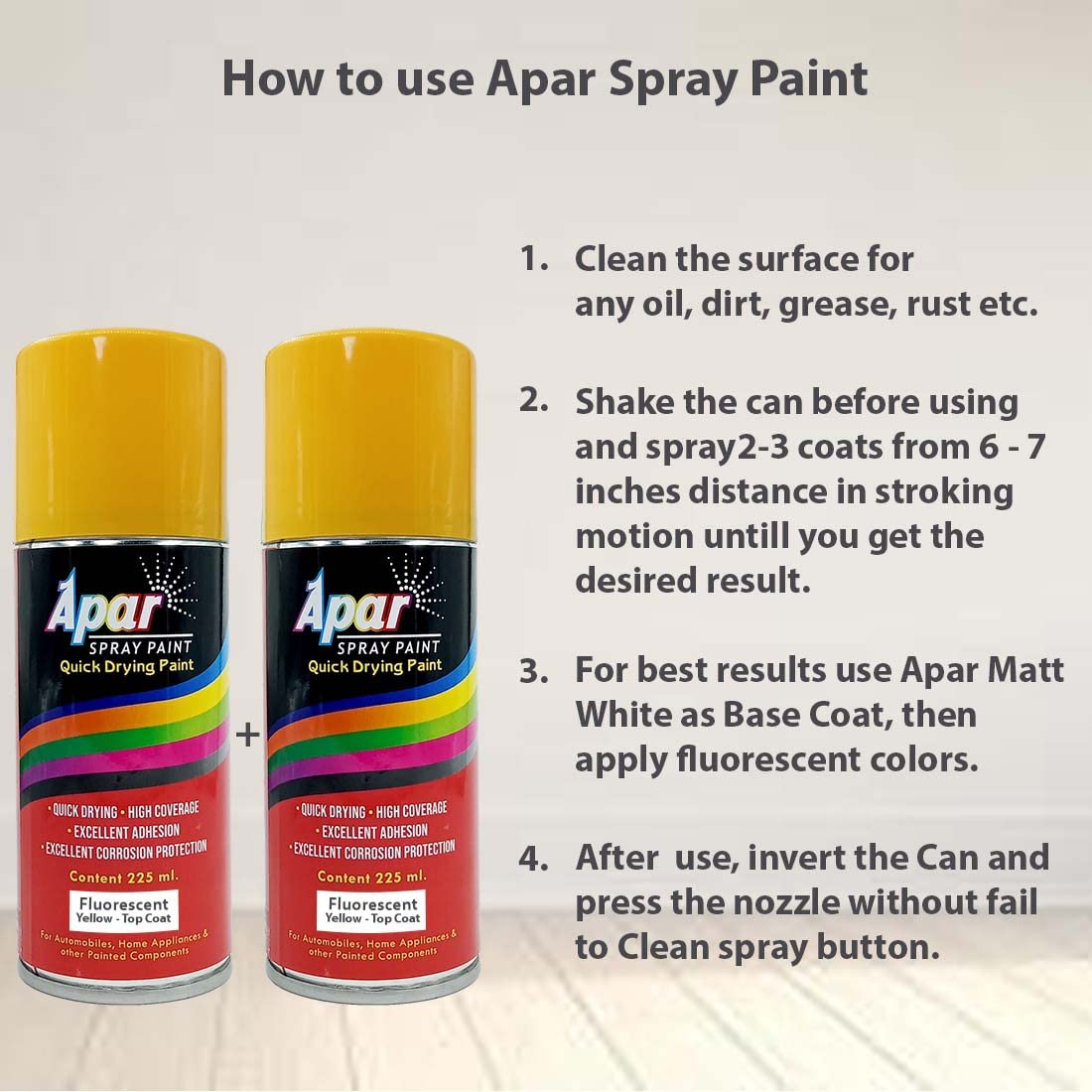 APAR Spray Paint Can FLUORESCENT YELLOW-225 ML (Pack of 2-pcs), For Bicycle, Bike, Cars, Home, Wood, Metal, Furnitures, Art and craft Painting