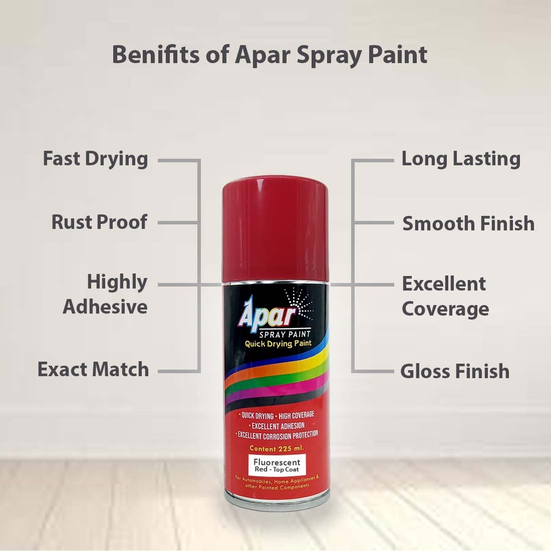 APAR Spray Paint Can FLUORESCENT RED-225 ML (Pack of 1), For Bicycle, Bike, Cars, Home, Wood, Metal, Furnitures, Art and craft Painting