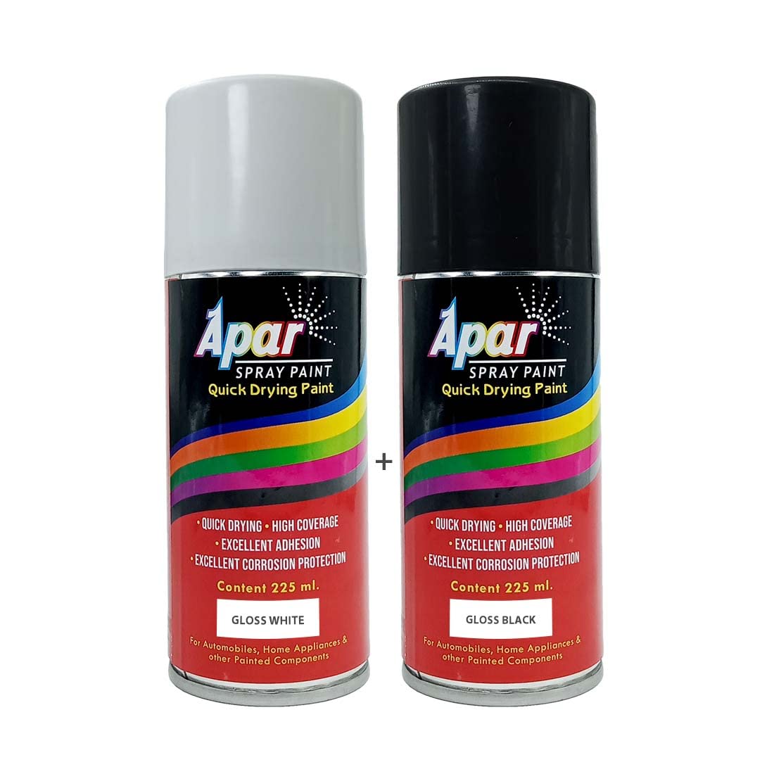 APAR Spray Paint GLOSS WHITE and GLOSS BLACK- 225ml each(Combo Pack of 2-pcs) For Cycle, Bike, Cars, Home Metal Wood and Plastic Furnitures Painting