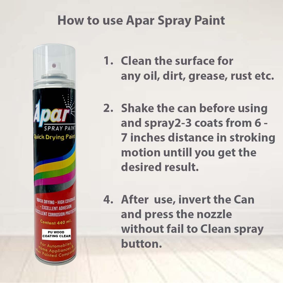 Apar PU Spray Wood Coating Clear -440 ml, for Interior & Exterior Usage Quick Drying Spray for High Gloss and Smooth Surface