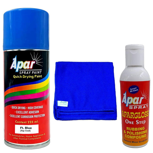 APAR Automotive Spray Paint Ft. Blue - 225ml, One step rubbing and polishing compound(100 gms), microfiber cloth Blue (350 gsm), Compatible For Tractor.