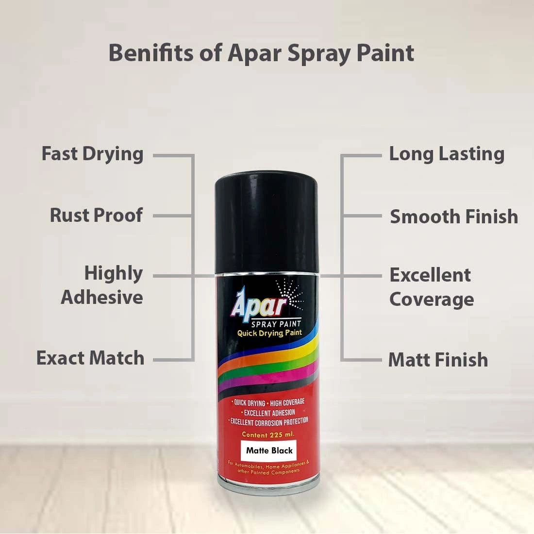 Apar Spray Paint Can MATT BLACK -225 ml, For Bicycle, Bike, Cars, Home, Wood, Metal, Furnitures, Art and craft Painting