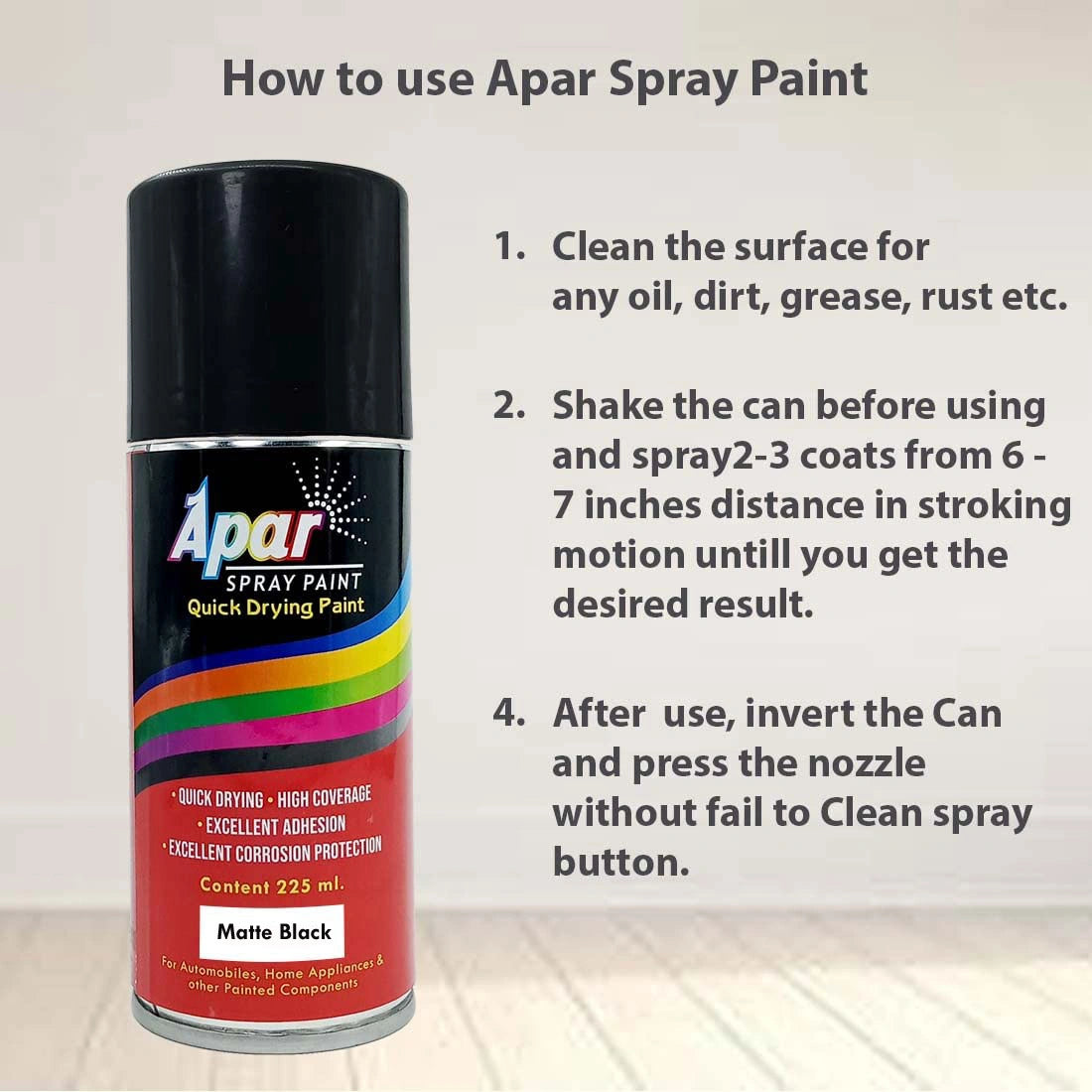 Apar Spray Paint Can MATT BLACK -225 ml, For Bicycle, Bike, Cars, Home, Wood, Metal, Furnitures, Art and craft Painting